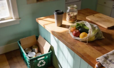 A keep cup, a jar of pantry staples and a produce bag of fruit and vegetables on a kitchen bench beside an open recycling crate in an Australian home.