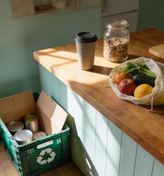 A keep cup, a jar of pantry staples and a produce bag of fruit and vegetables on a kitchen bench beside an open recycling crate in an Australian home.