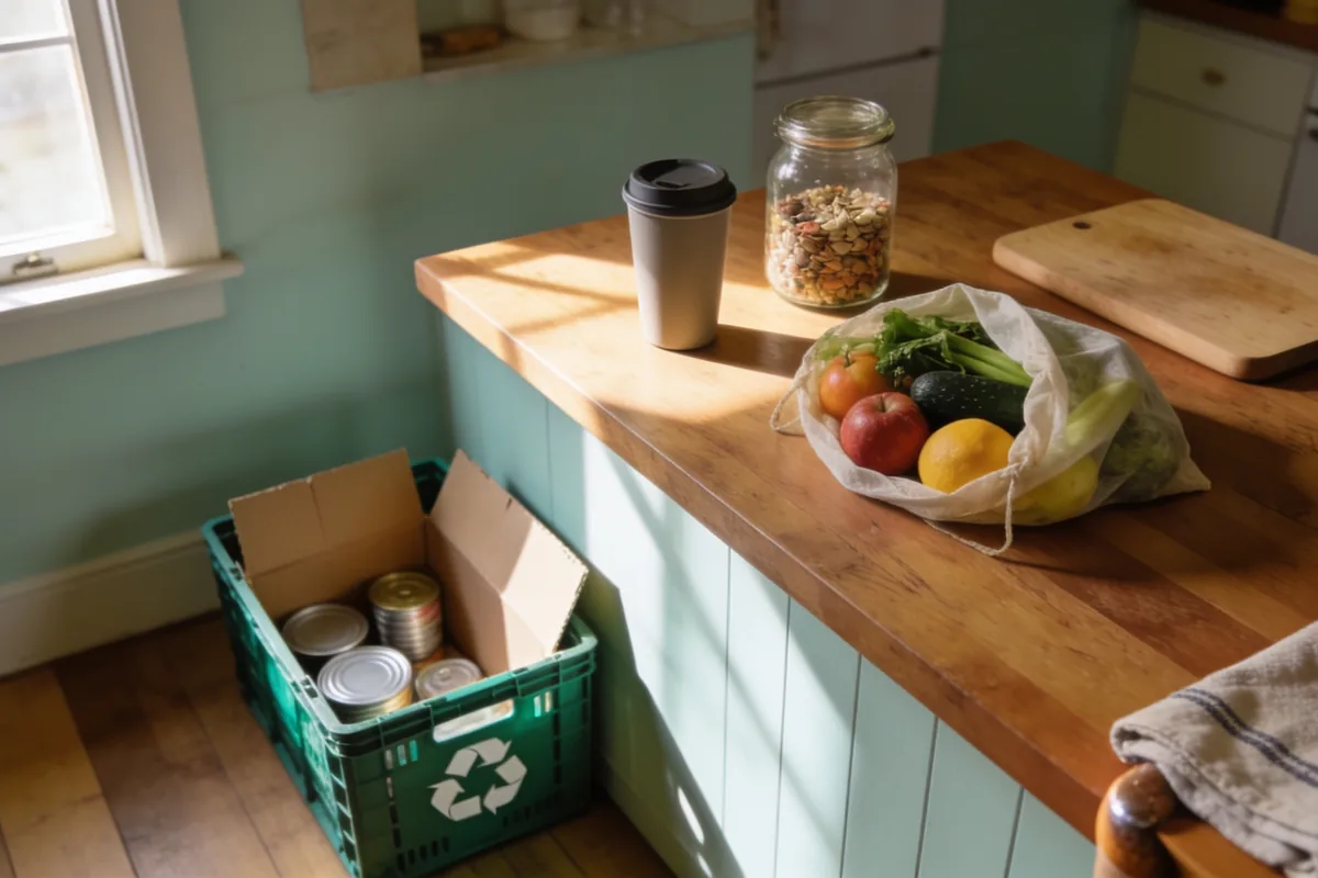 A keep cup, a jar of pantry staples and a produce bag of fruit and vegetables on a kitchen bench beside an open recycling crate in an Australian home.