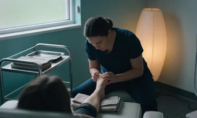 A practitioner examining a patient's foot at a treatment chair in an Australian clinic, with a trolley of plain towels and a tray beside them.