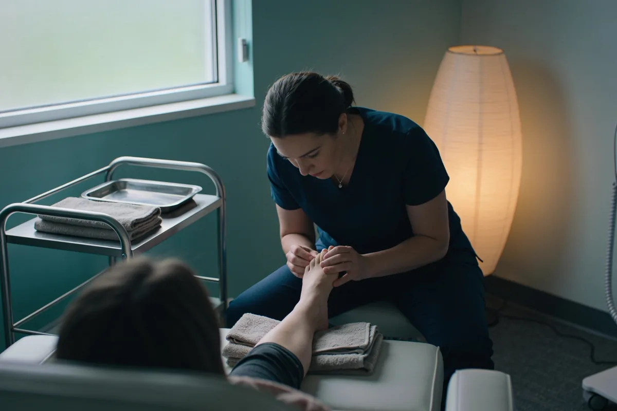 A practitioner examining a patient's foot at a treatment chair in an Australian clinic, with a trolley of plain towels and a tray beside them.