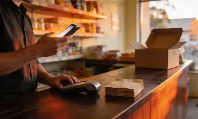 A small business owner behind the counter of an Australian shop holding a phone, with a card reader and paper bags on the counter beside him.
