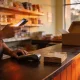 A small business owner behind the counter of an Australian shop holding a phone, with a card reader and paper bags on the counter beside him.