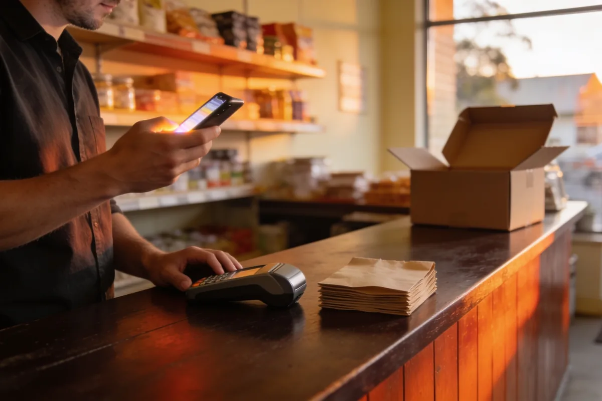 A small business owner behind the counter of an Australian shop holding a phone, with a card reader and paper bags on the counter beside him.