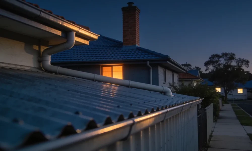 A suburban Australian roofline at dusk, with a corrugated metal roof in the foreground and tiled roofs and lit windows along the street.