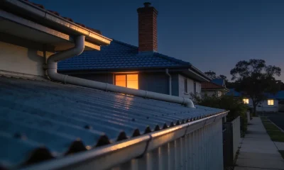 A suburban Australian roofline at dusk, with a corrugated metal roof in the foreground and tiled roofs and lit windows along the street.