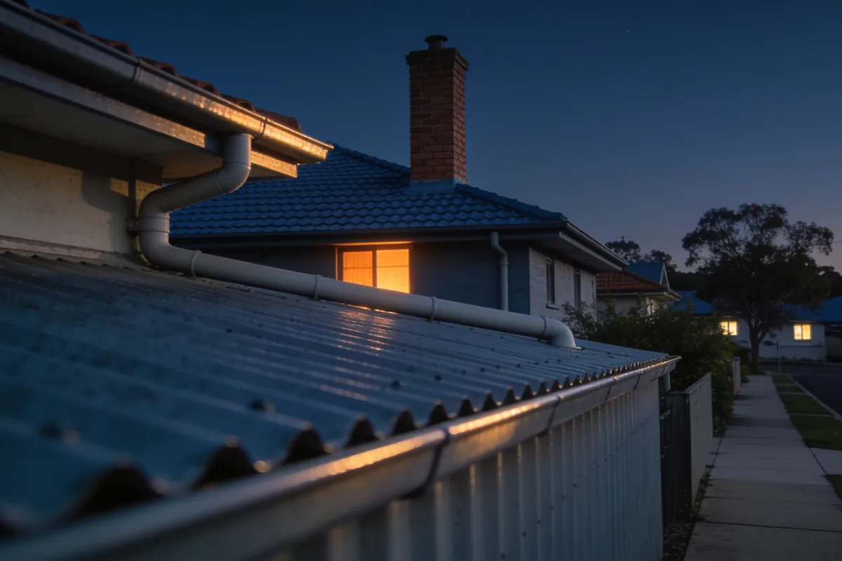 A suburban Australian roofline at dusk, with a corrugated metal roof in the foreground and tiled roofs and lit windows along the street.