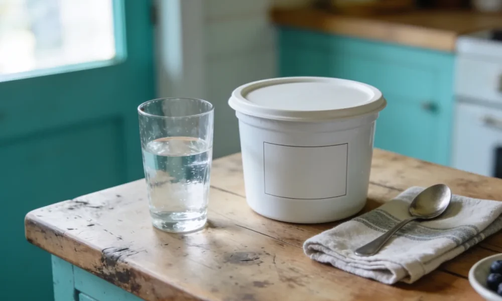 A glass of water beside a plain unlabelled white tub on a timber kitchen bench in soft morning light.