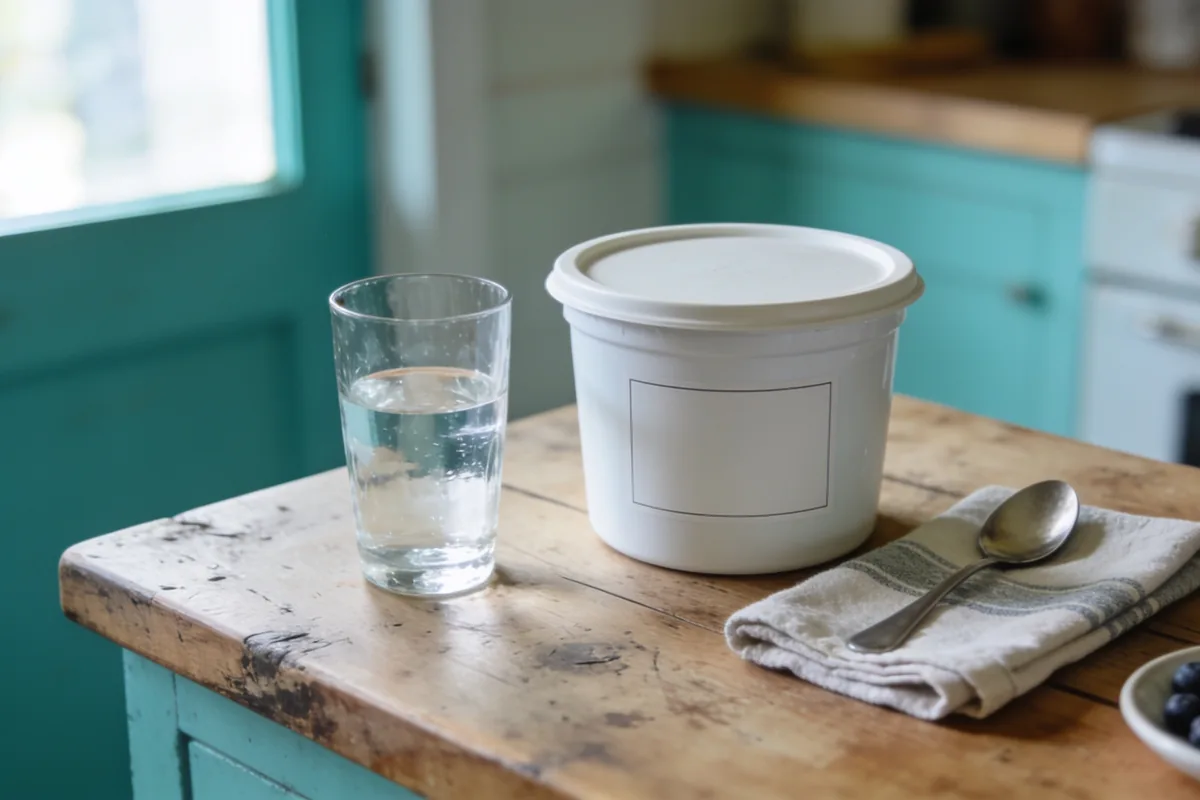 A glass of water beside a plain unlabelled white tub on a timber kitchen bench in soft morning light.