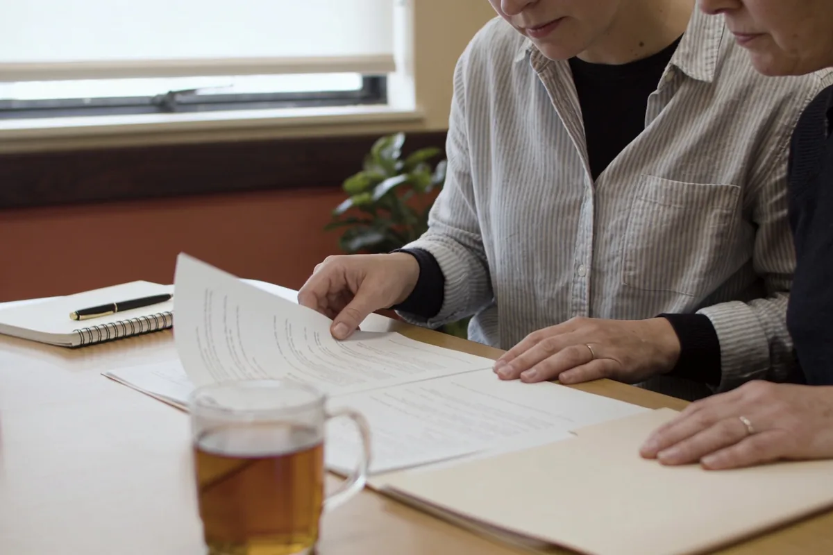 A support coordinator and a participant going through paperwork together at a table in an Australian community centre.