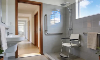 An accessible Australian bathroom with a level-entry shower, a fold-down seat, a grab rail and a wide flat-threshold doorway.