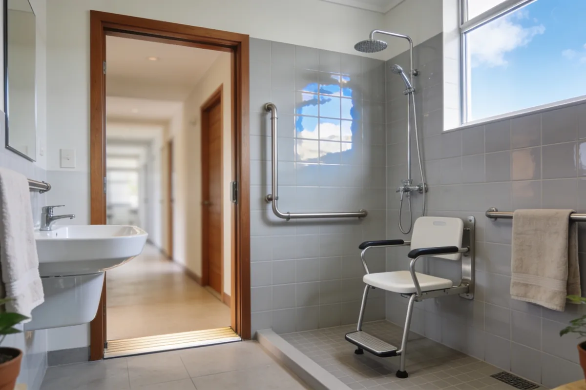 An accessible Australian bathroom with a level-entry shower, a fold-down seat, a grab rail and a wide flat-threshold doorway.