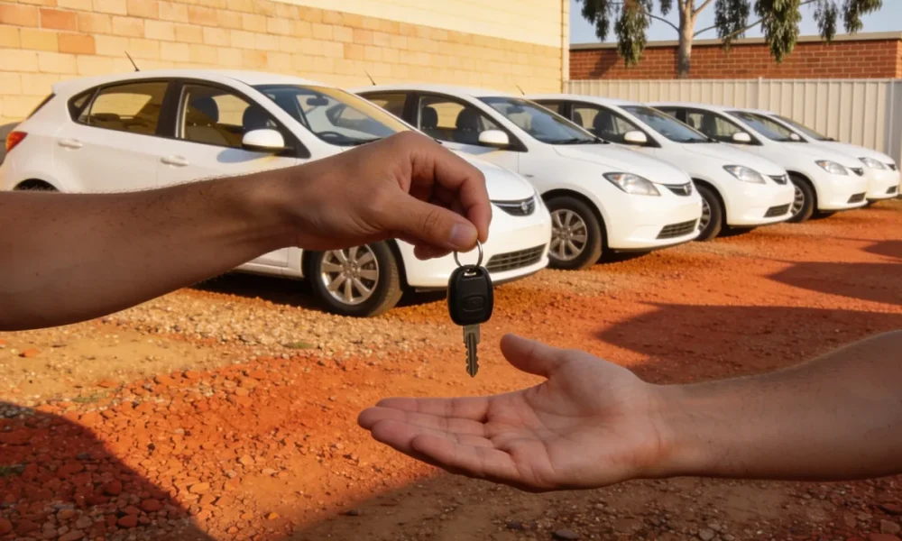 A staff member's hand passing a set of car keys to a customer at a car rental lot lined with white cars in an Australian town.