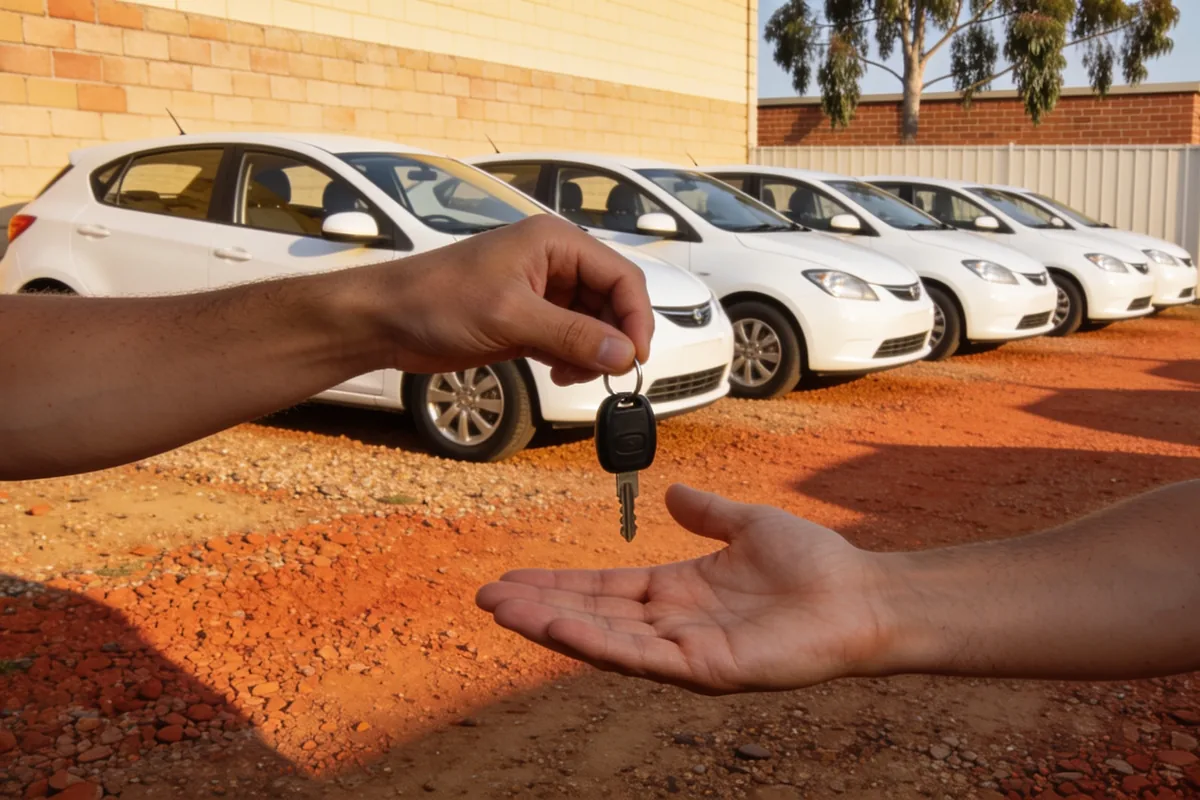 A staff member's hand passing a set of car keys to a customer at a car rental lot lined with white cars in an Australian town.