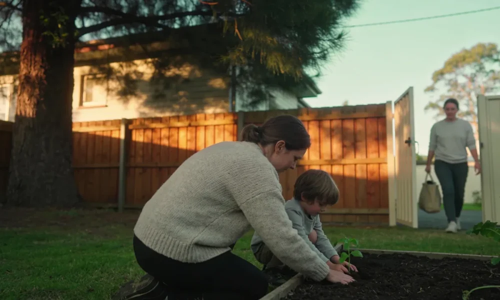 A foster carer and a child planting a seedling in an Australian backyard as a support worker arrives through the gate with a bag.