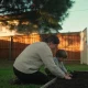 A foster carer and a child planting a seedling in an Australian backyard as a support worker arrives through the gate with a bag.