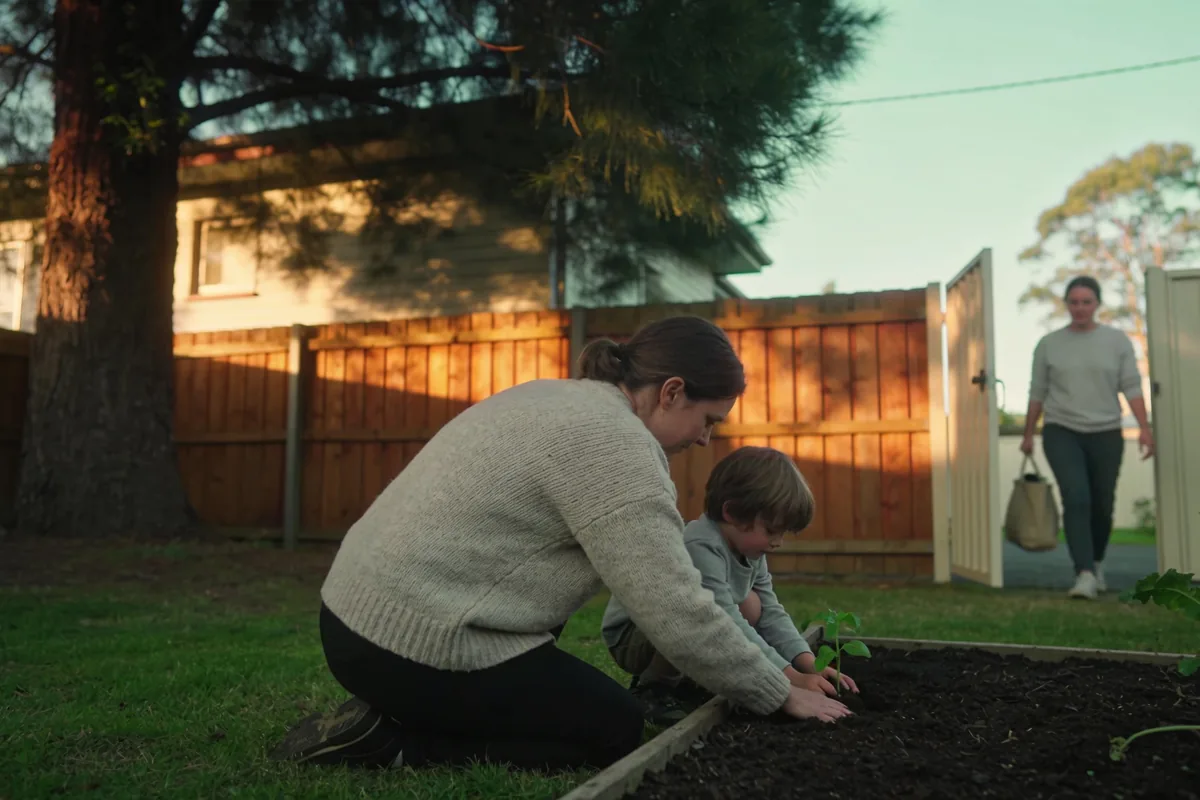 A foster carer and a child planting a seedling in an Australian backyard as a support worker arrives through the gate with a bag.