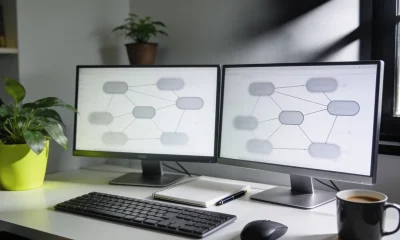 Two monitors showing heavily blurred flow diagrams on a home office desk with a keyboard, a notebook and a coffee.