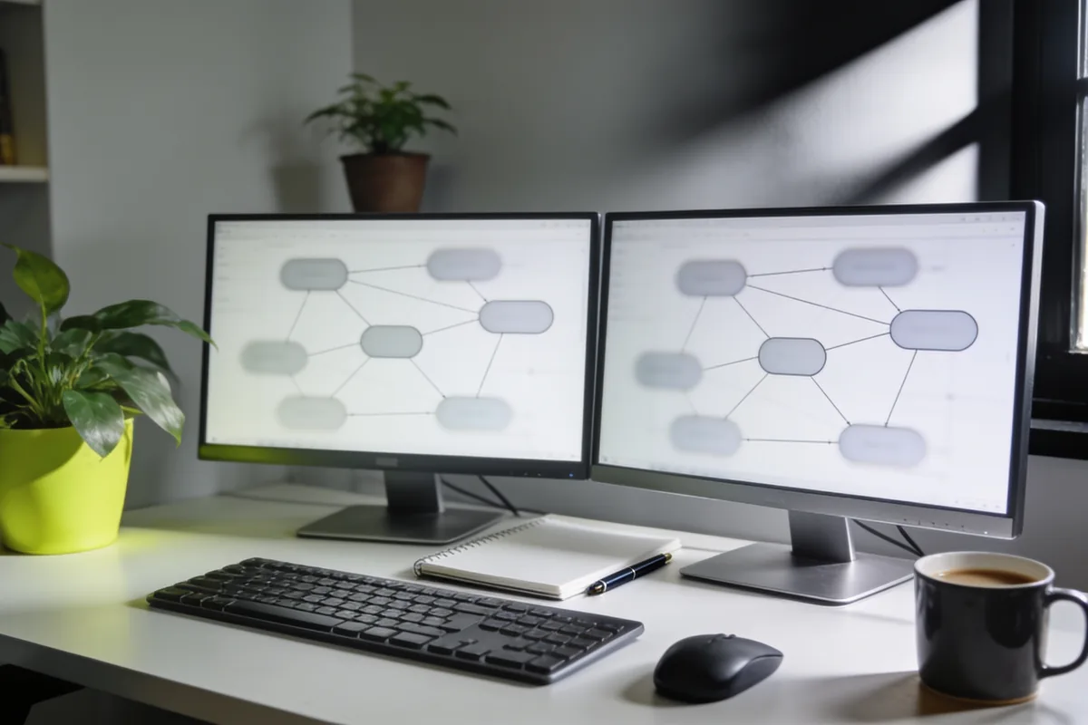 Two monitors showing heavily blurred flow diagrams on a home office desk with a keyboard, a notebook and a coffee.