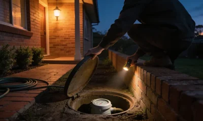A homeowner lifting the lid of a water meter pit and shining a torch inside at dusk beside an Australian brick home.