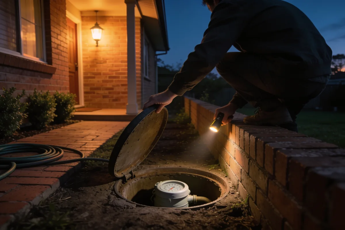 A homeowner lifting the lid of a water meter pit and shining a torch inside at dusk beside an Australian brick home.