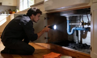 A person crouching at an open sink cabinet shining a torch on the pipework beneath the basin in an Australian kitchen.