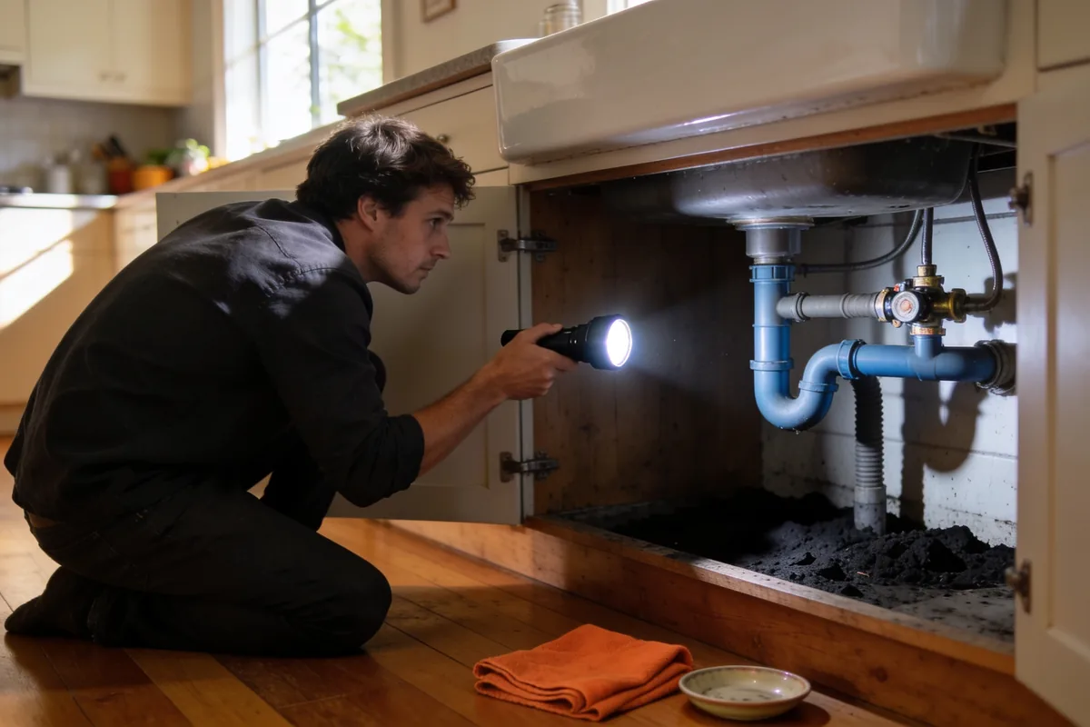 A person crouching at an open sink cabinet shining a torch on the pipework beneath the basin in an Australian kitchen.