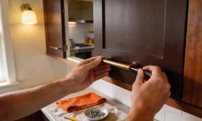 Two hands fitting a brass bar handle to a dark timber cabinet door with a screwdriver, tools resting on the bench below.