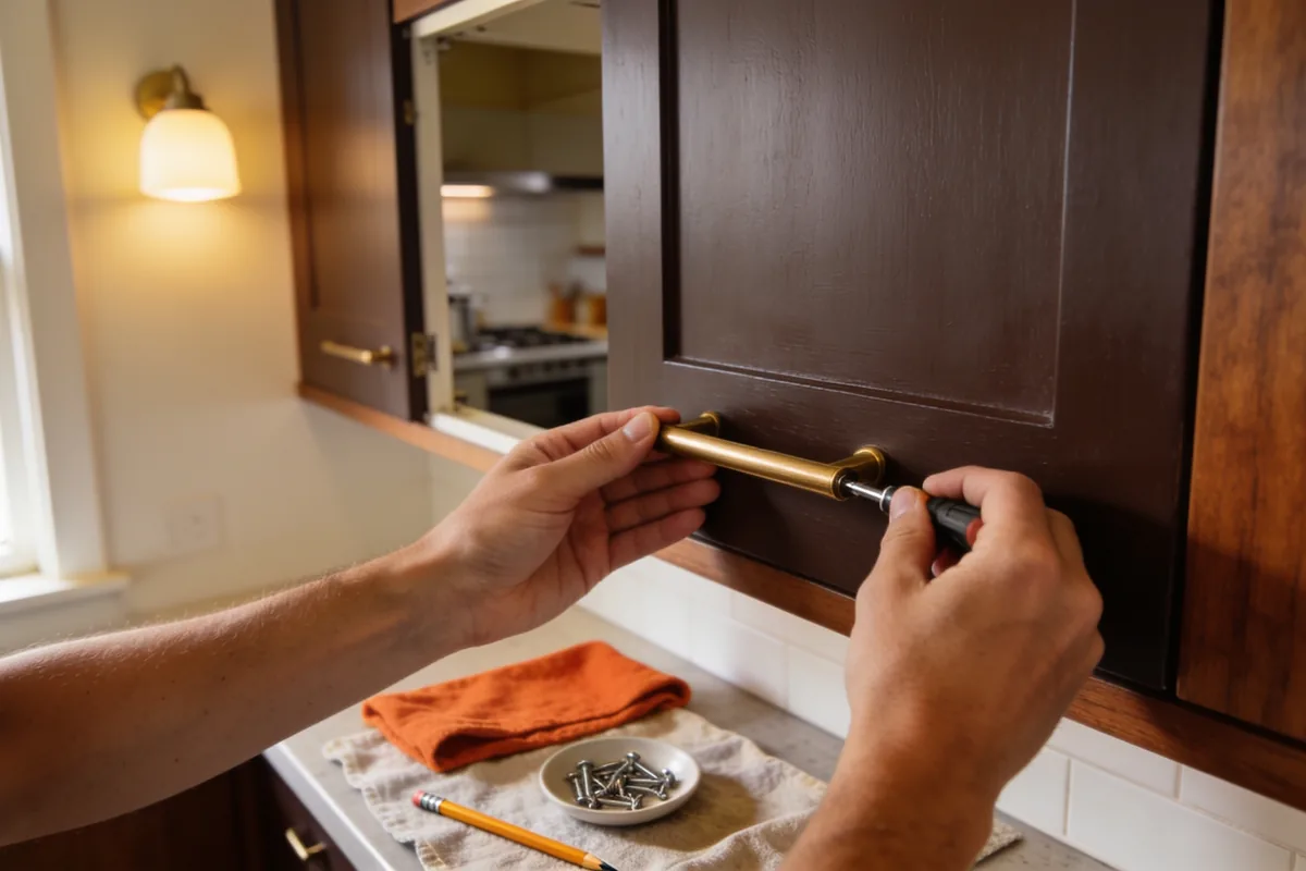 Two hands fitting a brass bar handle to a dark timber cabinet door with a screwdriver, tools resting on the bench below.