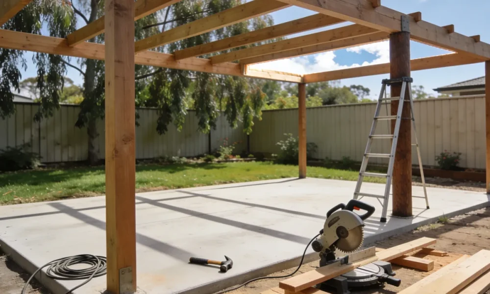 A half-built timber pergola frame over a concrete slab with a ladder, a mitre saw and timber offcuts in an Australian backyard.