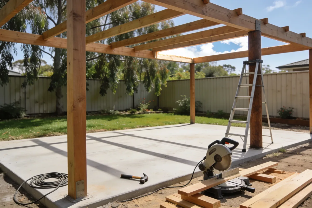 A half-built timber pergola frame over a concrete slab with a ladder, a mitre saw and timber offcuts in an Australian backyard.