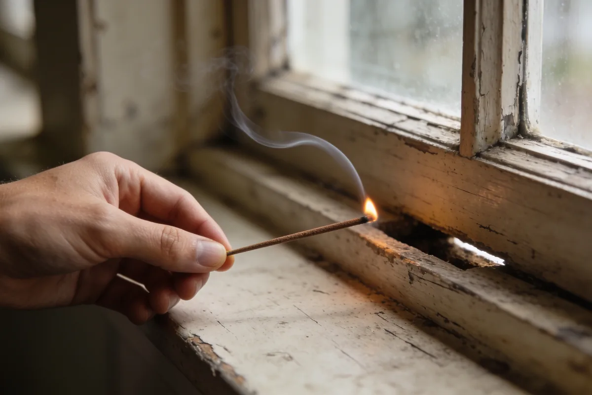 A hand holding a lit incense stick beside a timber window frame, the smoke bending sideways into the draught.