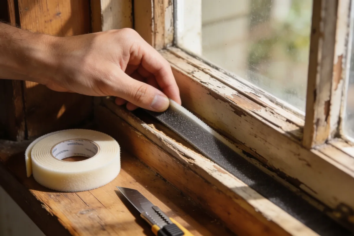 A hand pressing self-adhesive foam draught strip into a timber window frame, with a roll of strip and a craft knife on the sill.