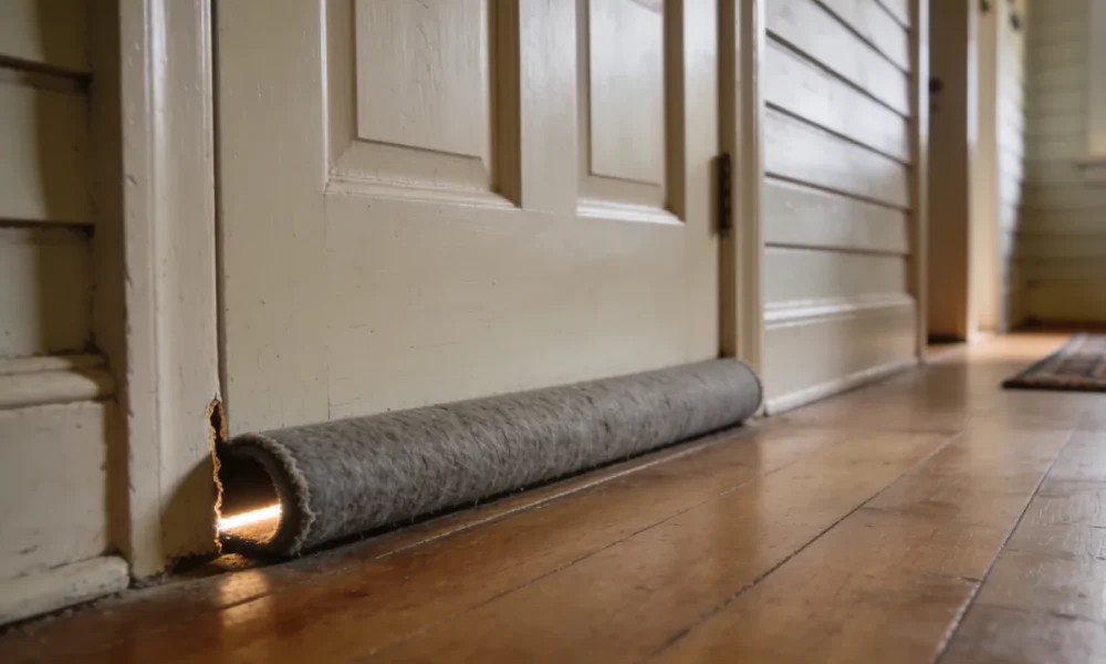 A worn grey draught excluder against the base of a pale timber front door in an older Australian hallway, with daylight showing where the seal fails.