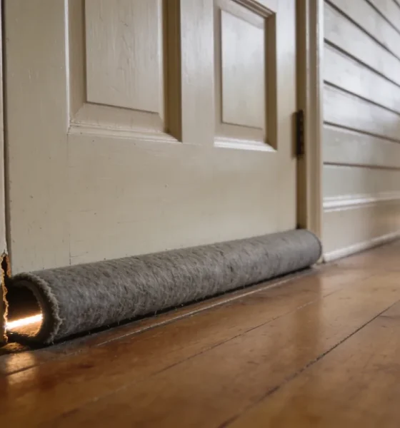 A worn grey draught excluder against the base of a pale timber front door in an older Australian hallway, with daylight showing where the seal fails.