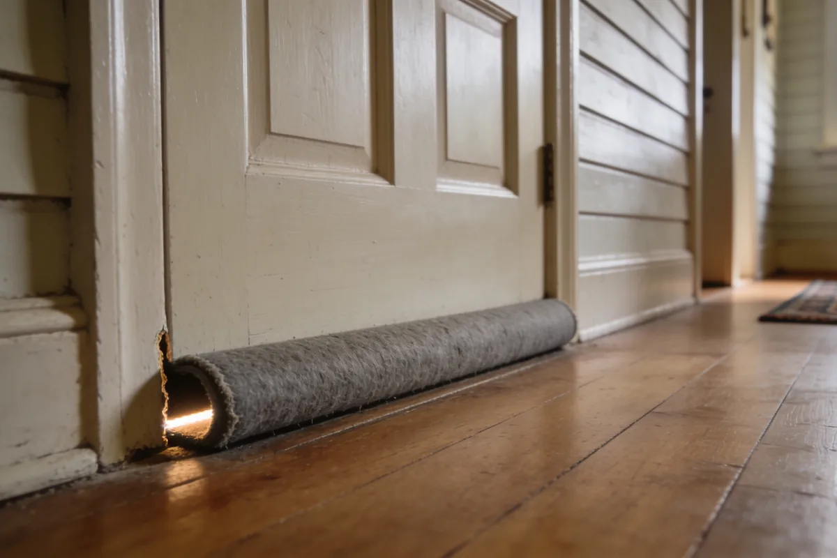 A worn grey draught excluder against the base of a pale timber front door in an older Australian hallway, with daylight showing where the seal fails.