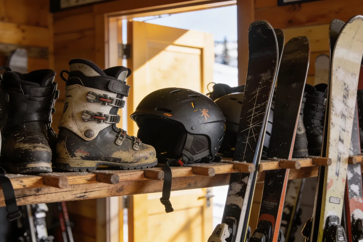 Rows of worn hired ski boots, helmets, skis and snowboards on a timber rack at an alpine rental shop.