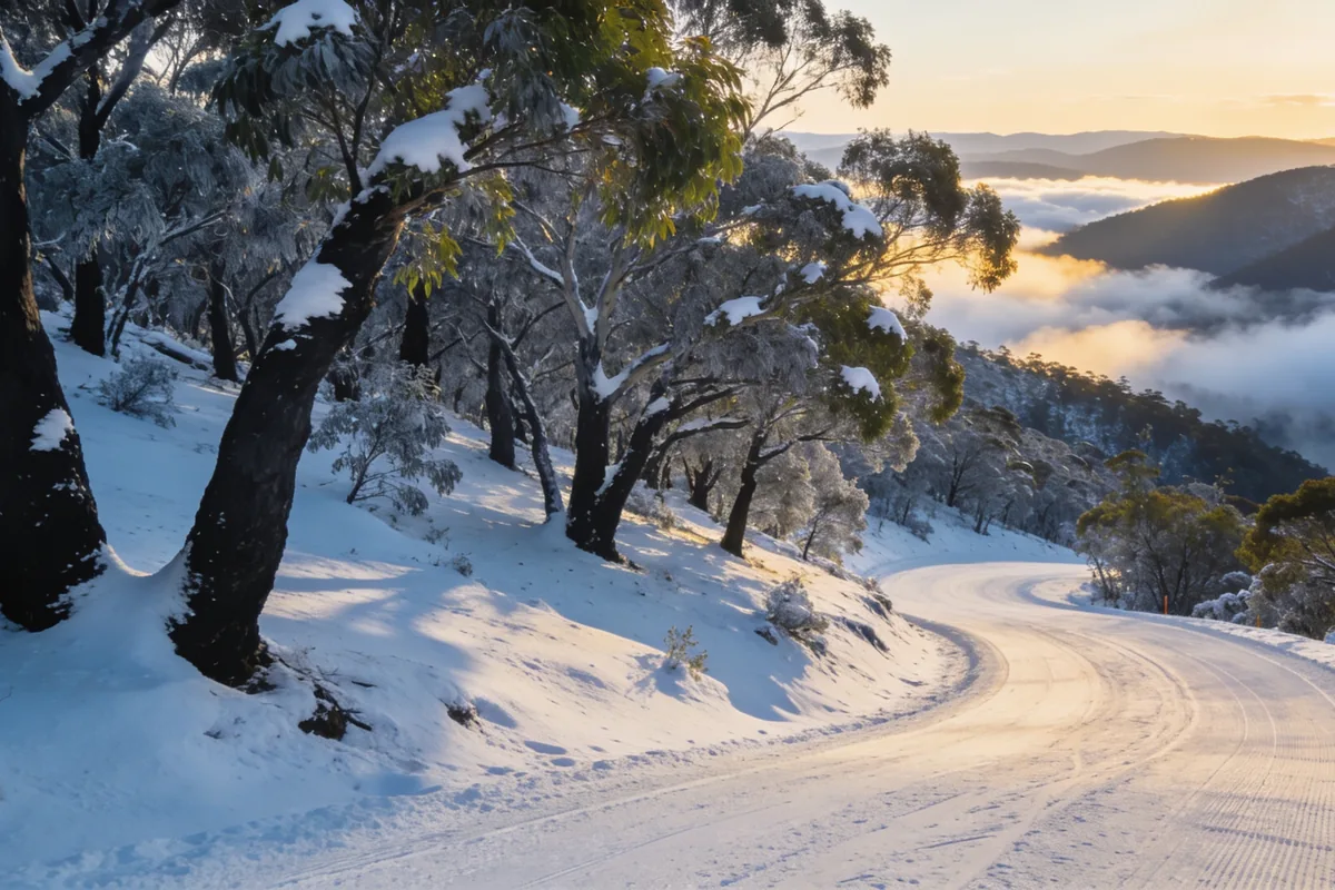 A snow-covered eucalypt ridge in the Australian Alps at first light, snow gums holding patches of snow above a groomed ski run with low cloud in the valley.