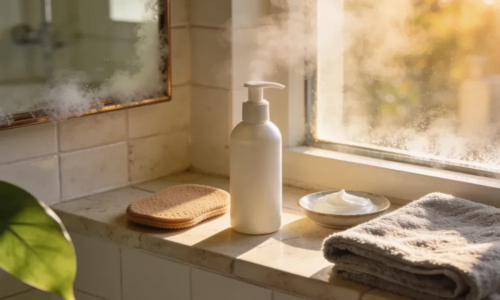 A pale tiled ledge in a warm Australian bathroom with an unbranded pump bottle, a tanning mitt, a folded towel and a dish of moisturiser in afternoon light.