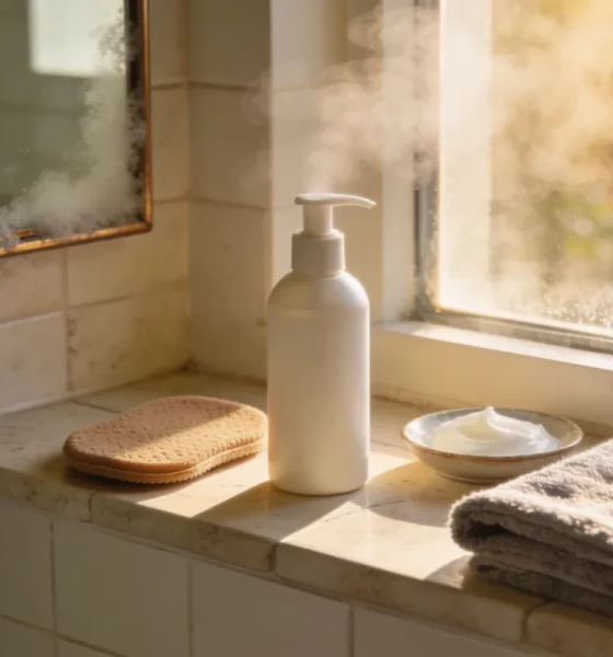 A pale tiled ledge in a warm Australian bathroom with an unbranded pump bottle, a tanning mitt, a folded towel and a dish of moisturiser in afternoon light.