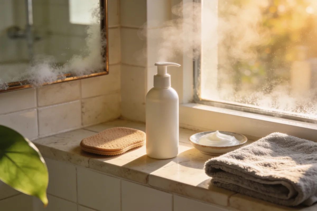 A pale tiled ledge in a warm Australian bathroom with an unbranded pump bottle, a tanning mitt, a folded towel and a dish of moisturiser in afternoon light.