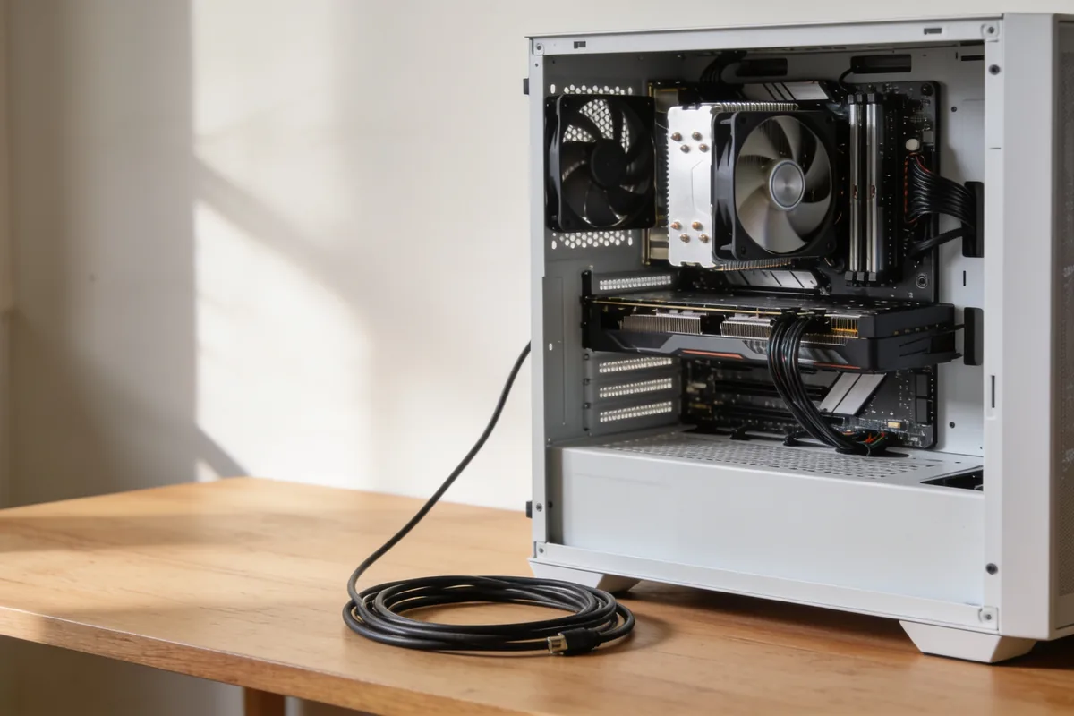 A PC tower with its side panel off on a desk, showing the graphics card, cooler and cabling with a coiled monitor cable beside it.