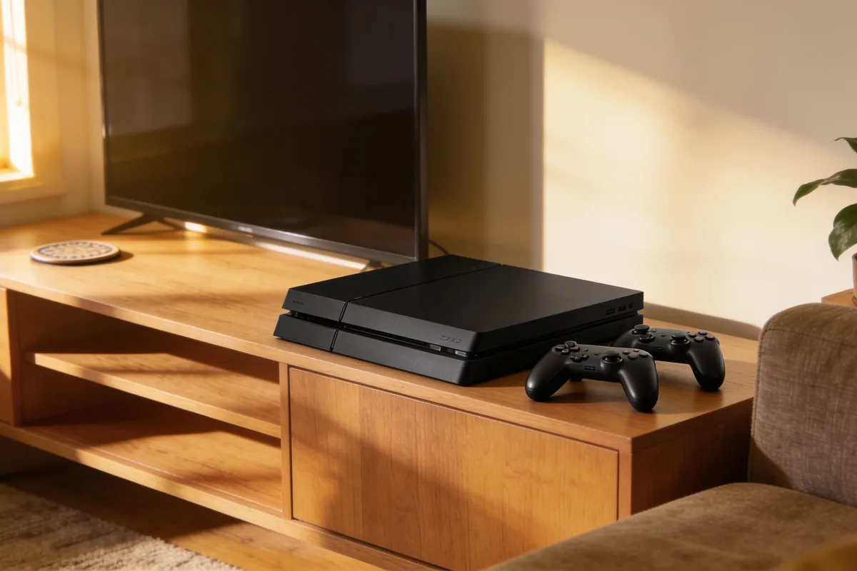 A plain black games console on a low timber television unit with two wireless controllers and a houseplant in warm afternoon light.