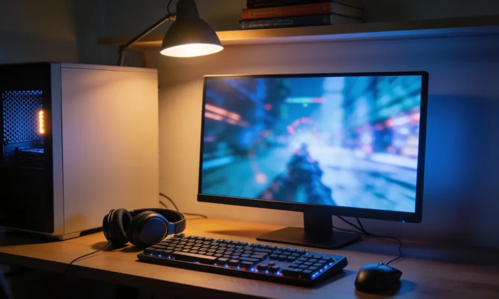 A night desk setup with a monitor glowing a blurred game scene, a mechanical keyboard, headset and a plain PC tower with a subtle internal light.