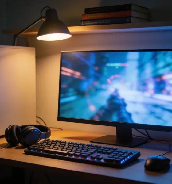 A night desk setup with a monitor glowing a blurred game scene, a mechanical keyboard, headset and a plain PC tower with a subtle internal light.