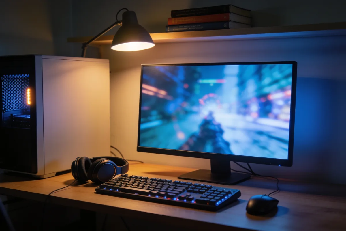 A night desk setup with a monitor glowing a blurred game scene, a mechanical keyboard, headset and a plain PC tower with a subtle internal light.