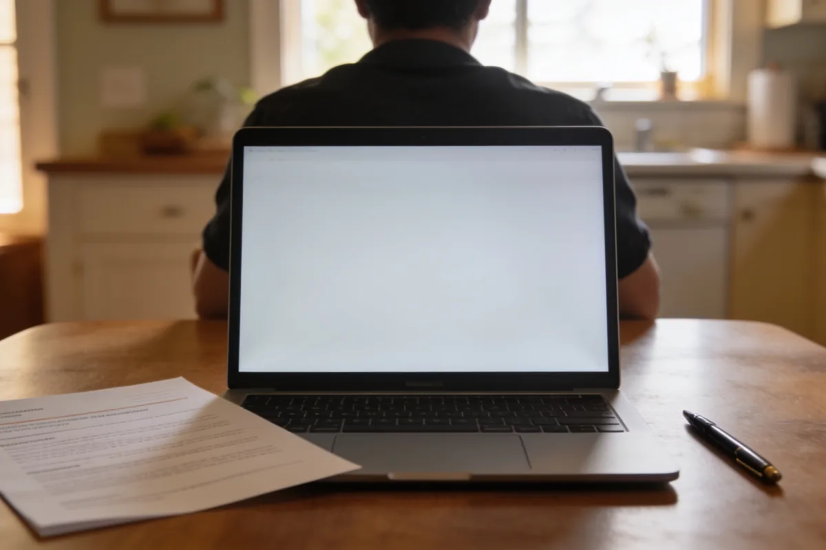 A person seen from behind at a kitchen table looking at an open laptop, with a printed statement and a pen beside them.