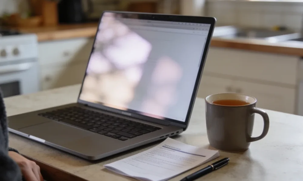 An open laptop angled away on a kitchen bench, its screen a soft blurred glow, beside a mug of tea, a pen and a folded statement.