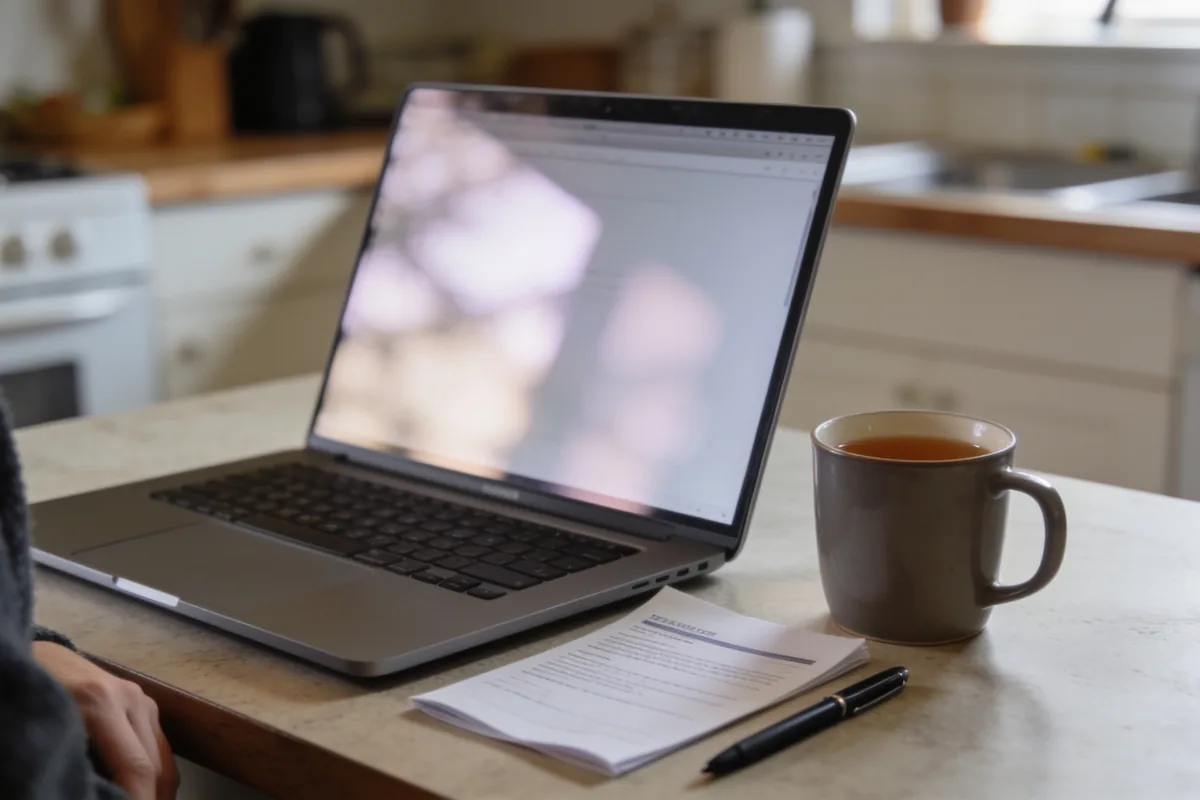 An open laptop angled away on a kitchen bench, its screen a soft blurred glow, beside a mug of tea, a pen and a folded statement.