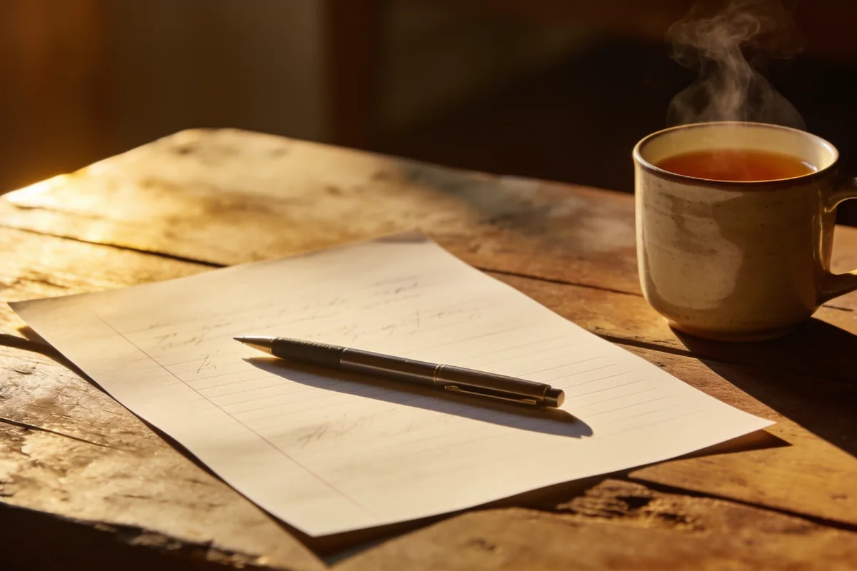 A single sheet of paper with faint handwriting on a timber table, a pen resting across it and a steaming mug of tea at the edge of frame.